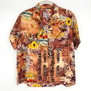 Jams World Guava Beach Rayon Button Down Shirt Brown Tropical Fruit Floral Sz S